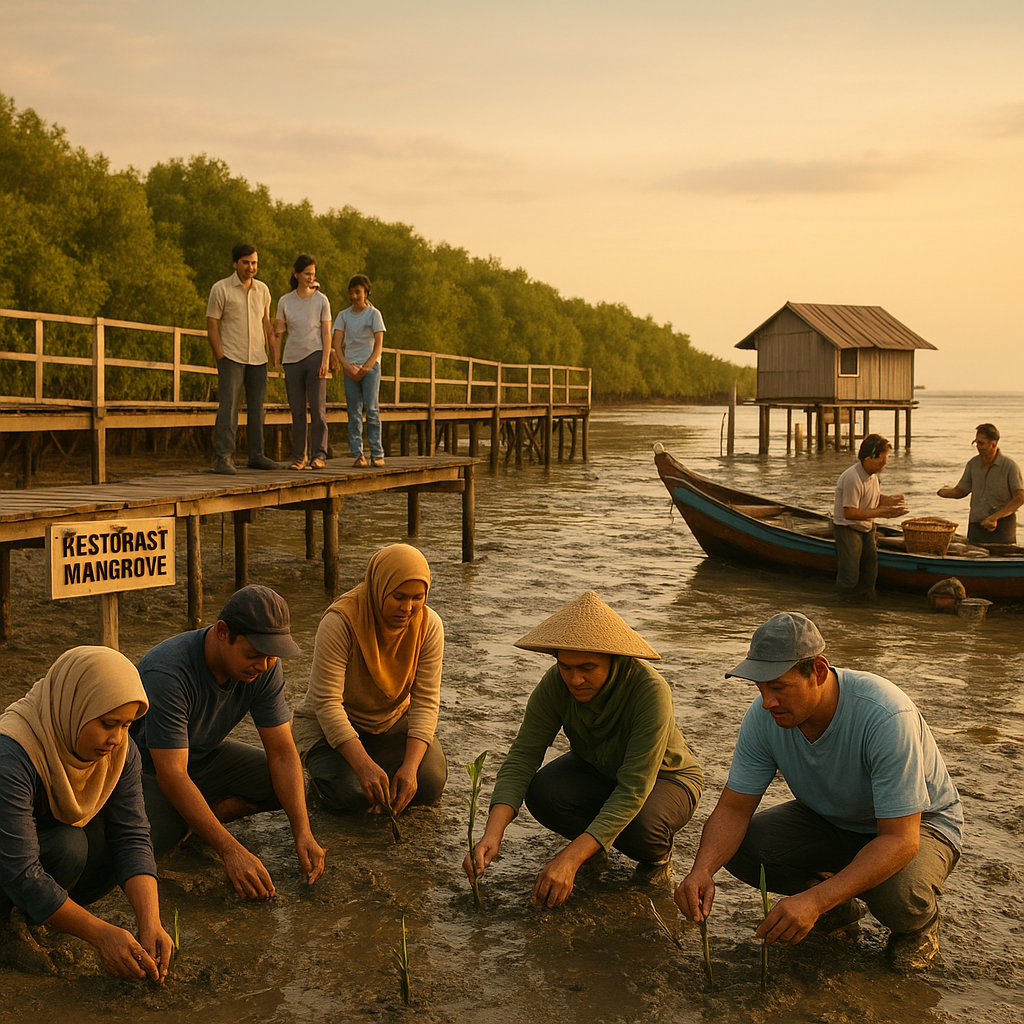 Restorasi Ekosistem Mangrove Berbasis Masyarakat di Pesisir Demak untuk Mitigasi Rob dan Penyerapan Karbon