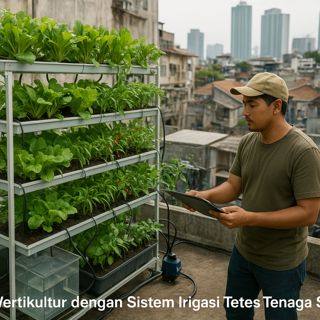 Vertikultur dengan Sistem Irigasi Tetes Tenaga Surya di Perkotaan Padat