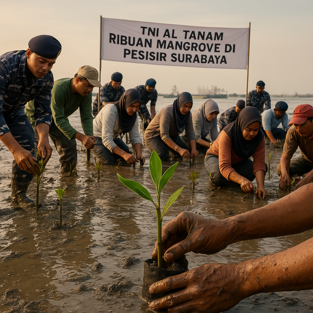 TNI AL Tanam Ribuan Mangrove di Pesisir Surabaya untuk Mitigasi Abrasi dan Perubahan Iklim