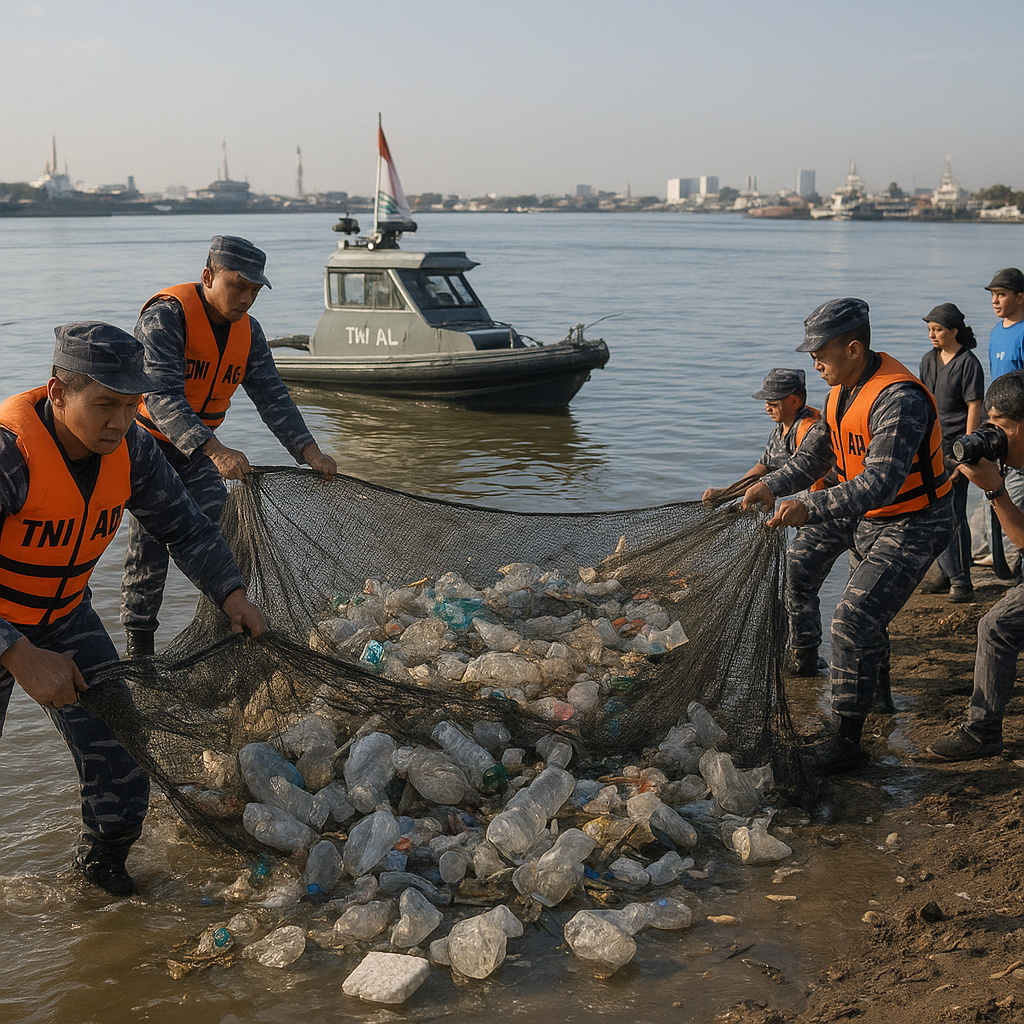 TNI AL Bantu Pasang Jaring Pengumpul Sampah Plastik di Muara Sungai Jakarta