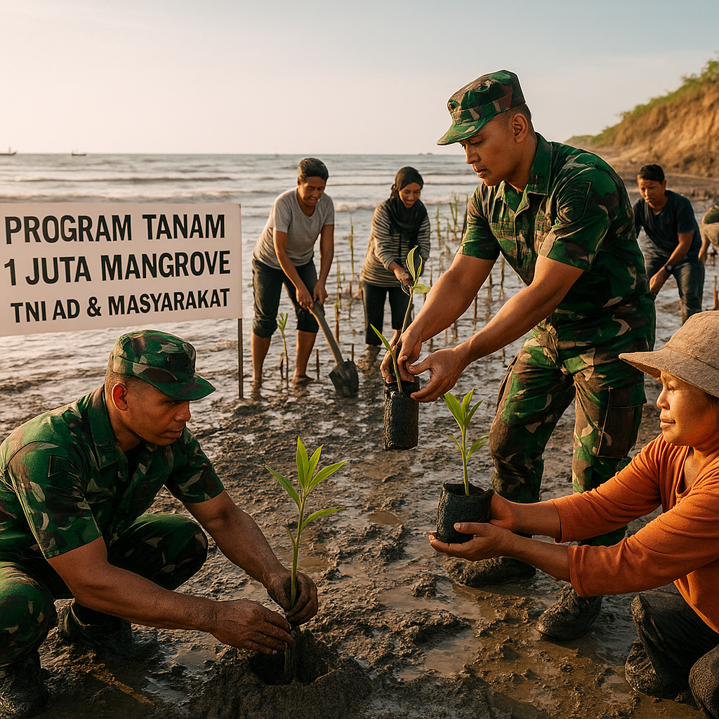 TNI AD Tanam 1 Juta Mangrove di Pesisir Utara Jawa untuk Mitigasi Abrasi dan Serapan Karbon