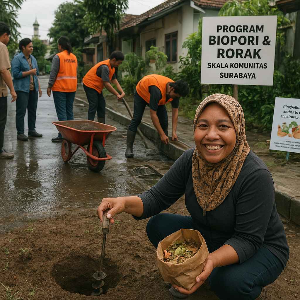 Teknologi Biopori dan Rorak Skala Komunitas Kurangi Banjir Perkotaan di Surabaya