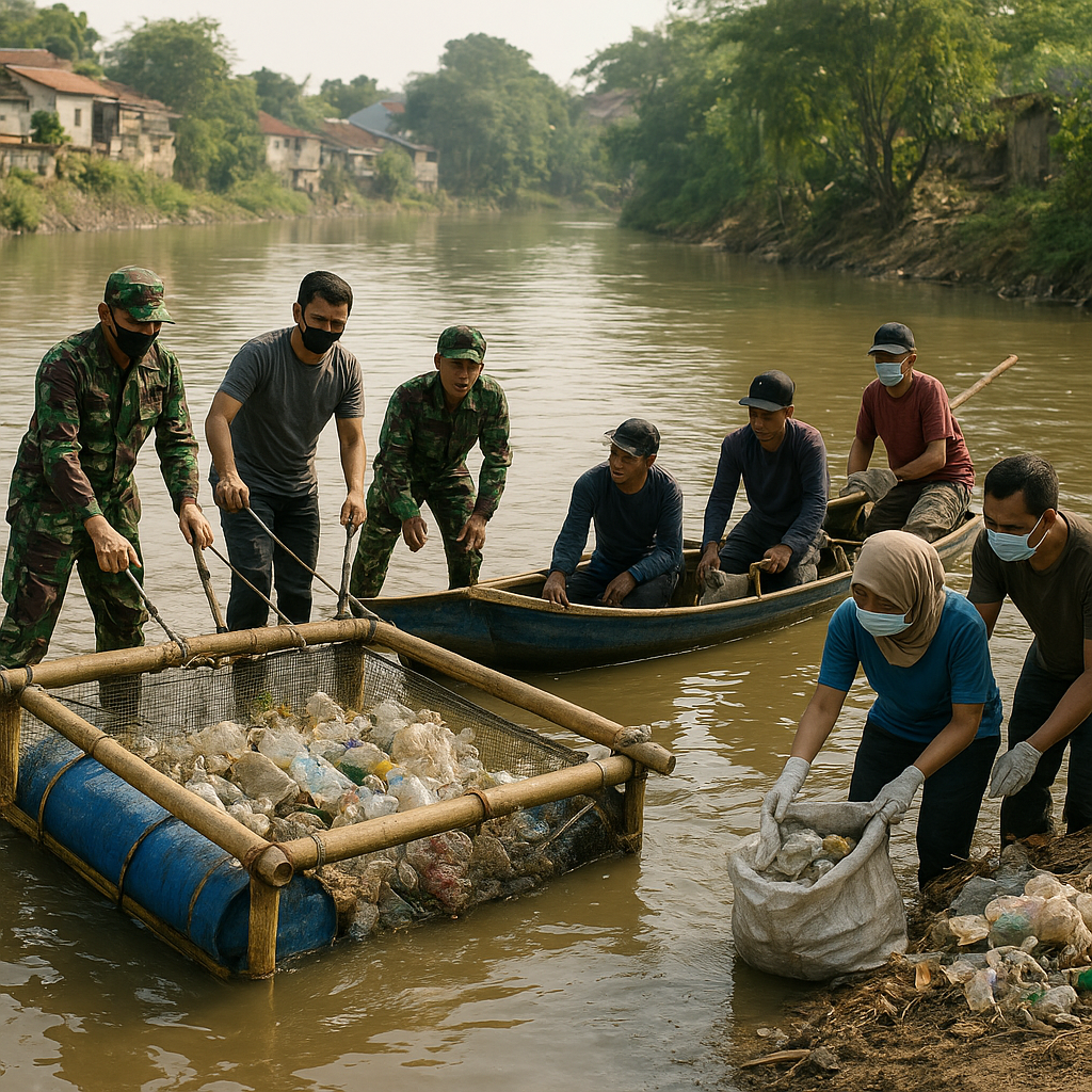 TNI dan Warga Bersihkan Sungai Ciliwung dari Sampah Plastik