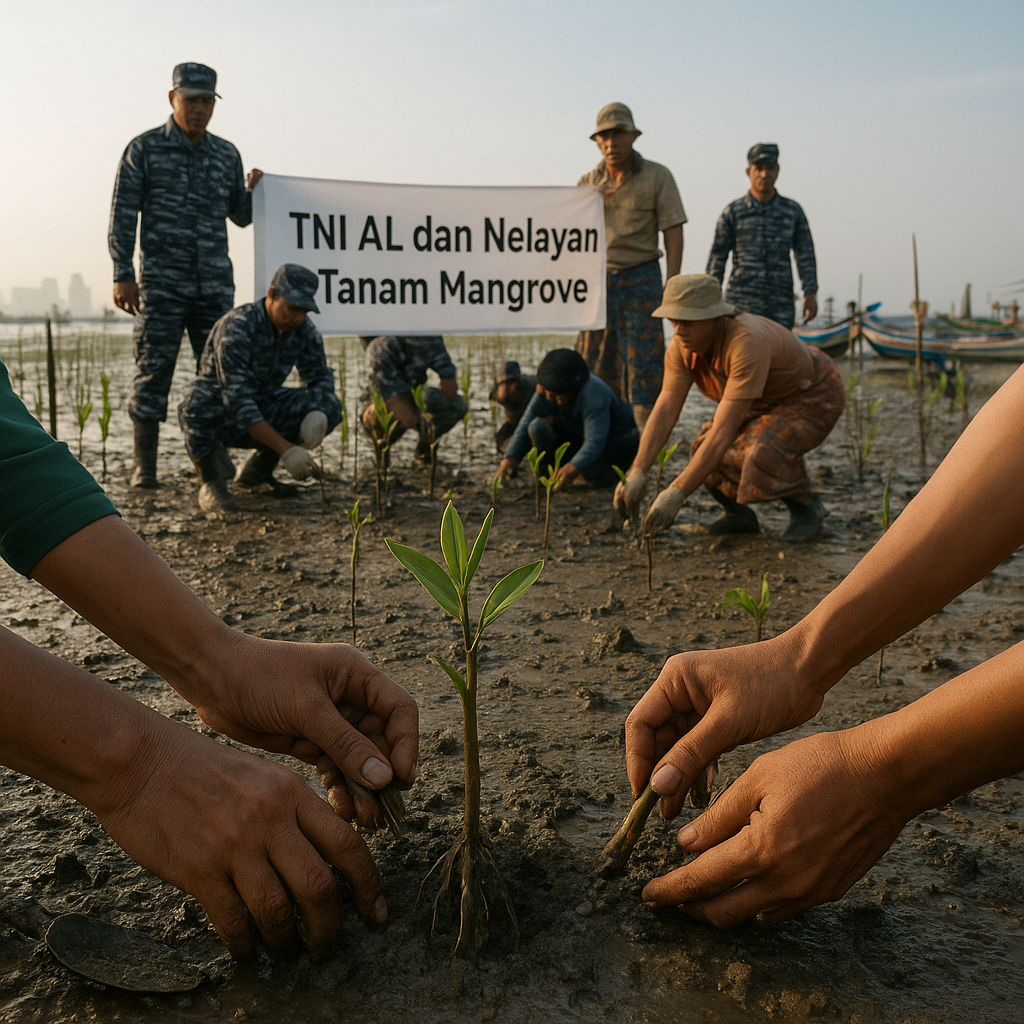 TNI AL dan Nelayan Tanam Mangrove di Pesisir Jakarta