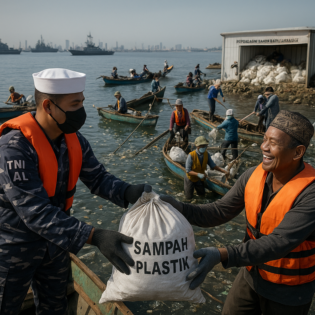 TNI AL dan Nelayan Bersihkan Sampah Laut di Teluk Jakarta Kolaborasi Militer-Sipil