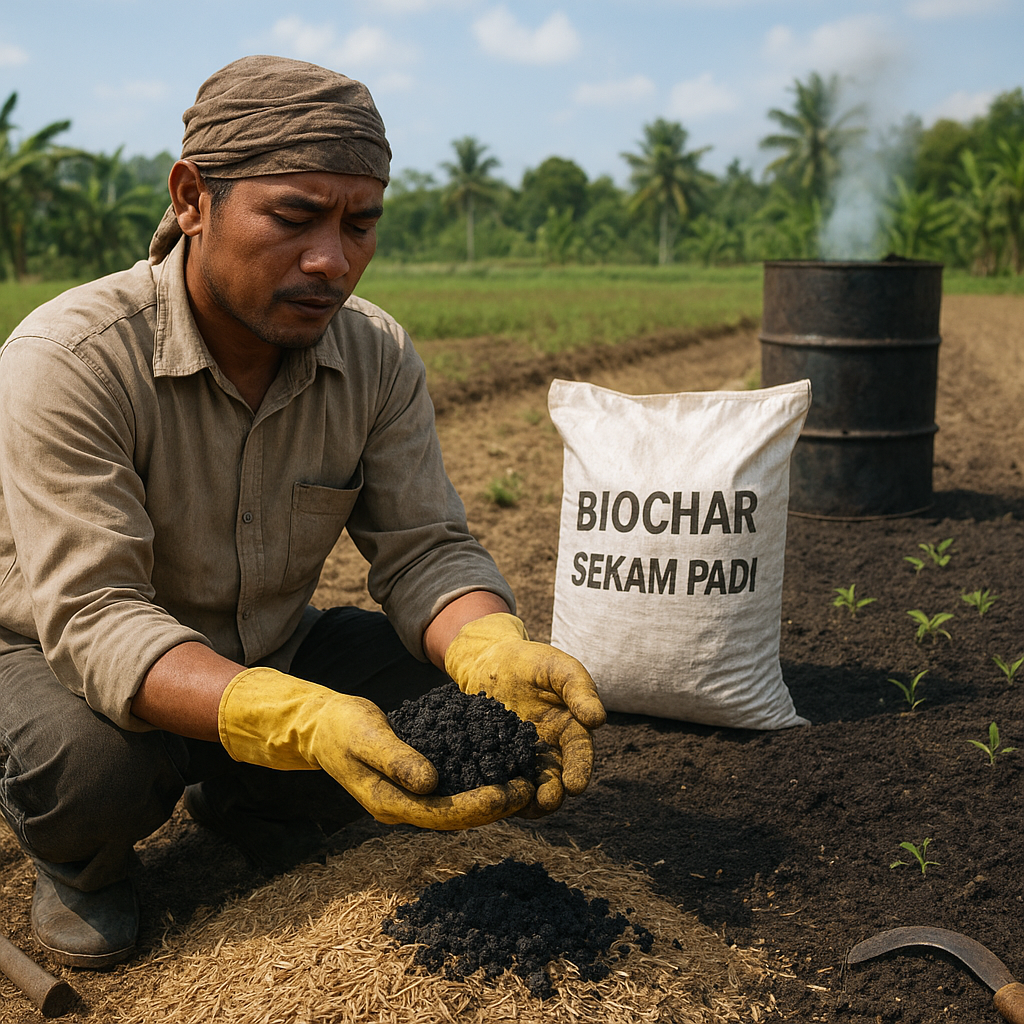 Biochar dari Sekam Padi: Teknologi Sederhana Tingkatkan Kesuburan Tanah dan Serap Karbon di Lahan Rawan