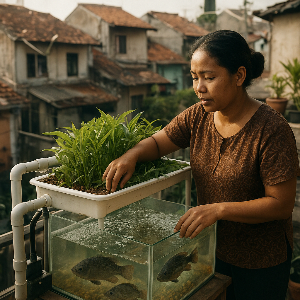 Sistem Akuaponik Skala Rumah Tangga dengan Ikan Nila dan Kangkung di Perumahan Padat