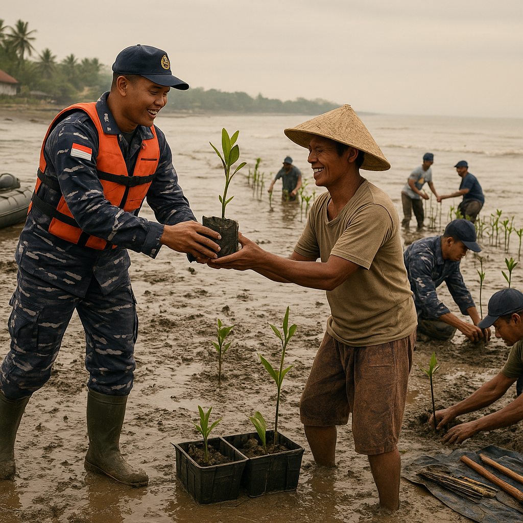 Kolaborasi TNI AL dan Nelayan dalam Program Penanaman Mangrove untuk Mitigasi Abrasi